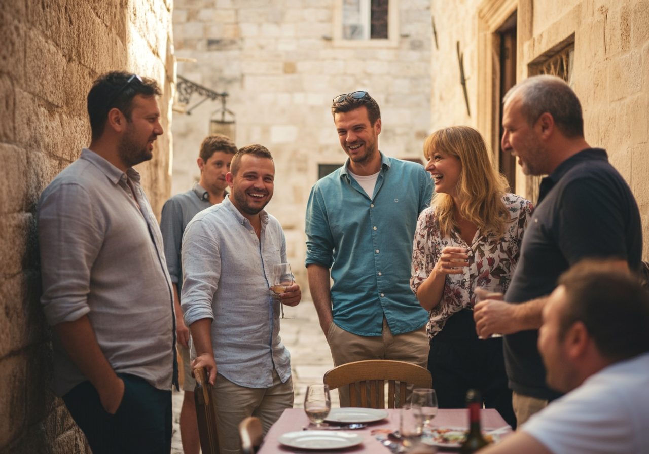 A group of people talking together in a Croatian courtyard